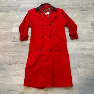 Vintage 80s Candy Apple Red Cruella DeVille Plaid Lined Button Down Trench Coat